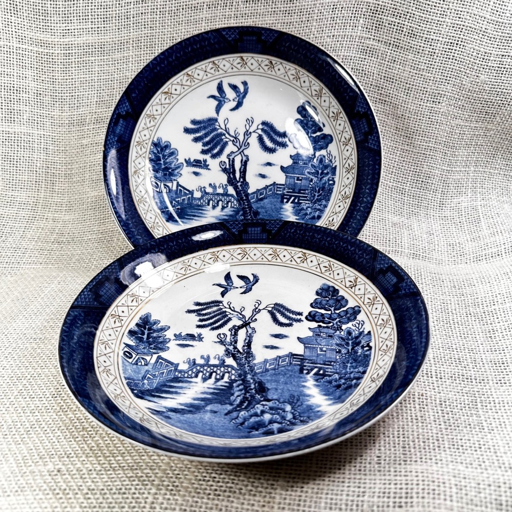 Vintage Occupied Japan Ironstone Blue Willow Rim Soup Bowl Pair 7.5in Blue White
